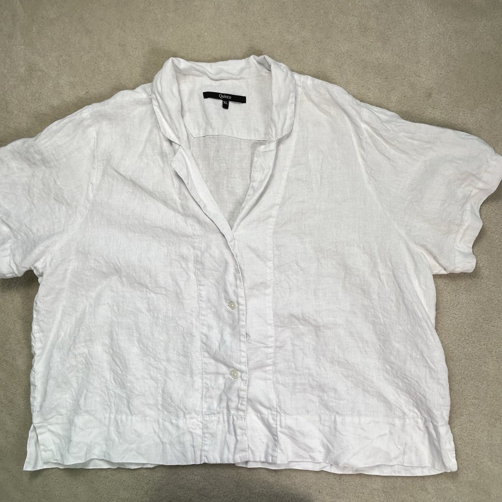 Quince Women's XL 100% Linen Short Sleeve Button Up Collared Shirt White
